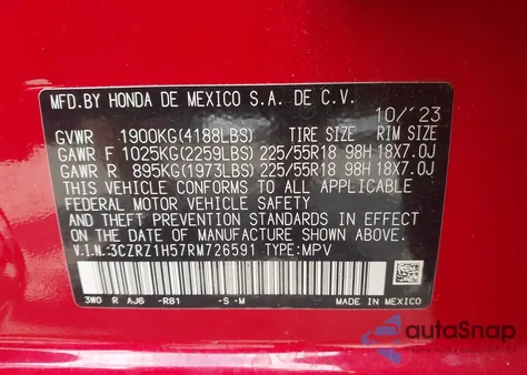 2024 Honda Hr-V 2Wd Sport/2Wd Sport W/O Bsi from USA, damaged, VIN 3CZRZ1H57RM726591